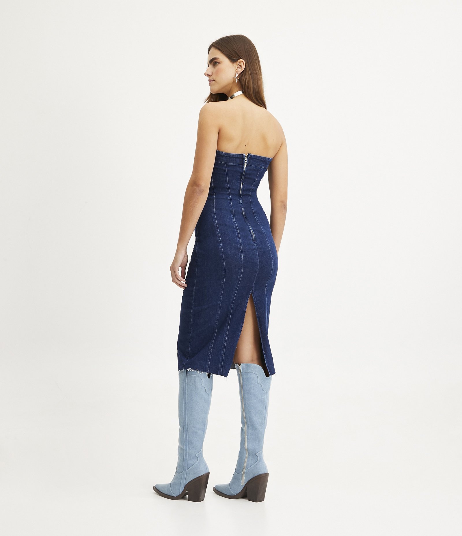 Vestido Midi Jeans com Fechamento em Zíper e Fenda nas Costas Azul Escuro 3