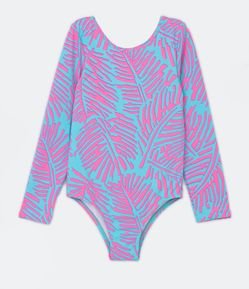 Maiô Manga Longa Infantil com Estampa de Folhagem - Tam 5 a 14 anos