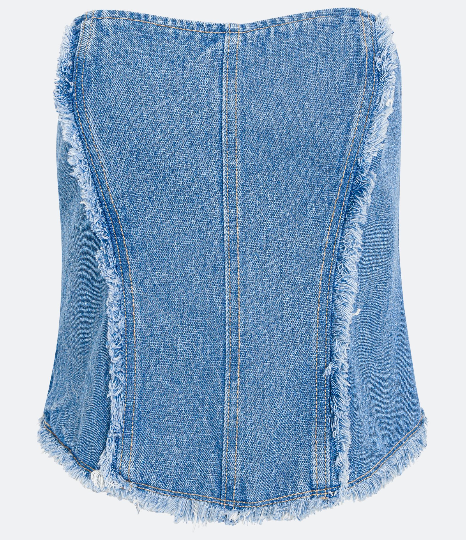 Blusa Jeans Corset com Franjinhas e Lastex nas Costas Azul 1