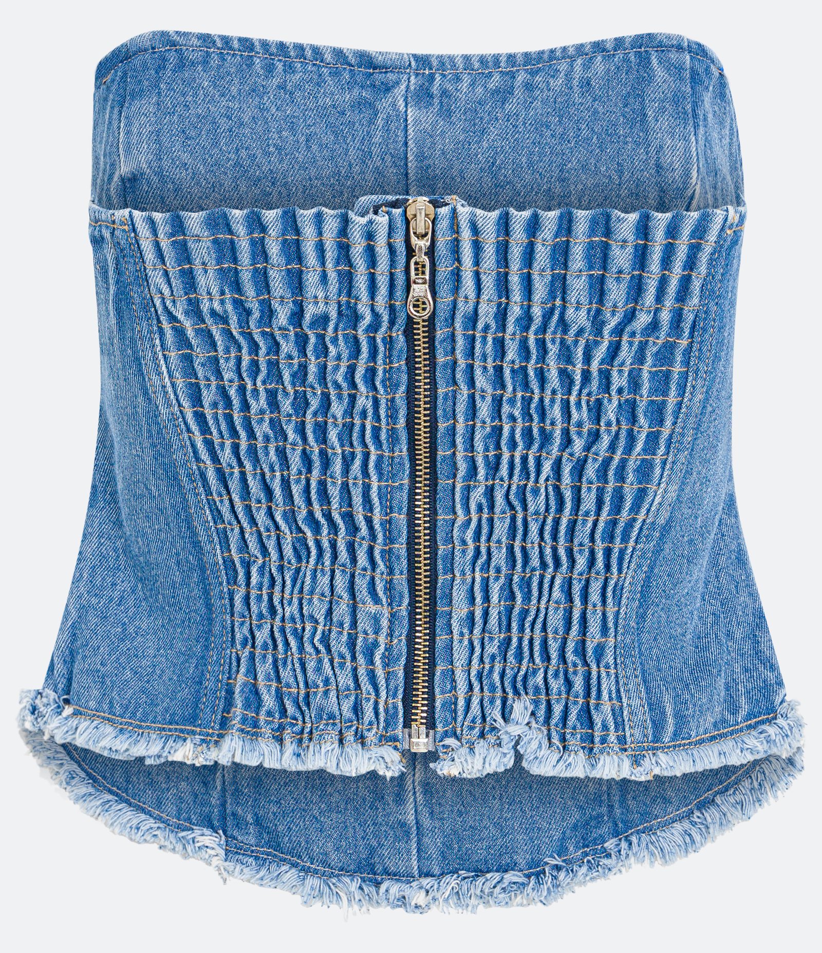 Blusa Jeans Corset com Franjinhas e Lastex nas Costas Azul 2