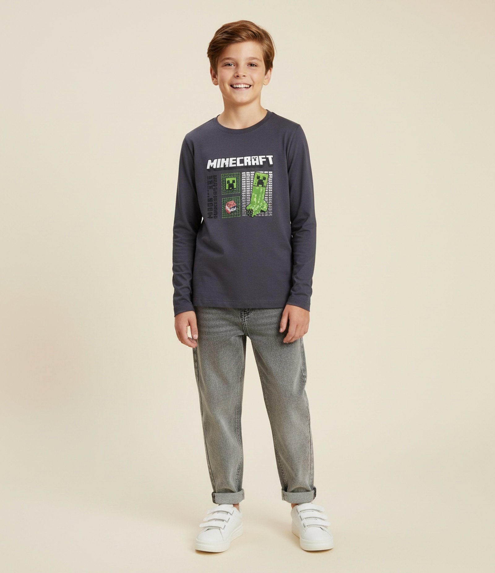 Camiseta Infantil com Estampa Minecraft - Tam 5 a 14 Anos Cinza 1