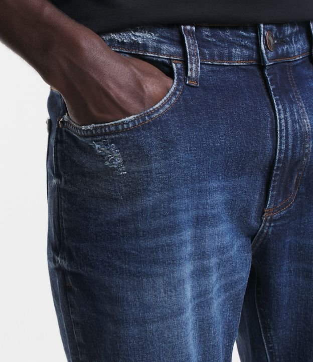 Calça Slim Jeans com Bolsos e Puídos Azul 4