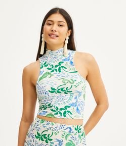 Blusa Cropped Sem Manga com Estampa Tropical Água Doce