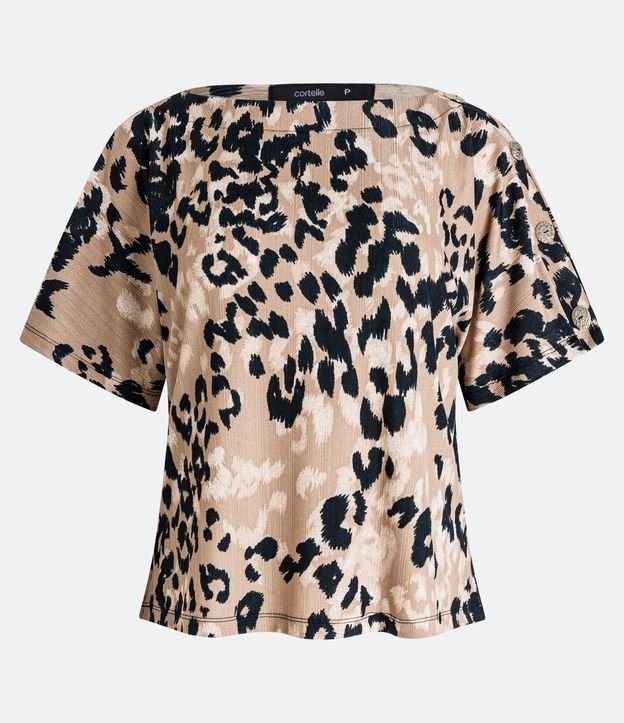 Blusa Animal Print con Cuello Barco y Manga con Botones Beige 5