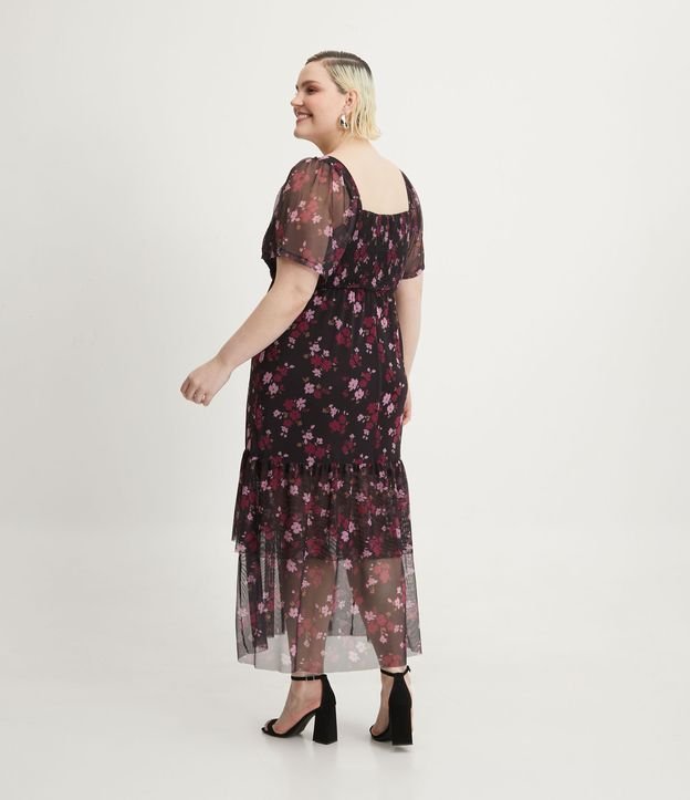 Vestido Midi em Tule com Decote Quadrado e Estampa Floral Curve & Plus Size Negro 2