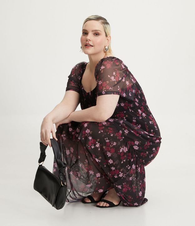 Vestido Midi em Tule com Decote Quadrado e Estampa Floral Curve & Plus Size Negro 3