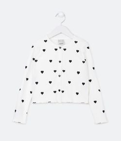 Cardigan Infantil Canelado com Estampa de Corações - Tam 5 a 14 Anos