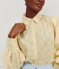 Camisa em Algodão Bordada com Mangas Bufantes