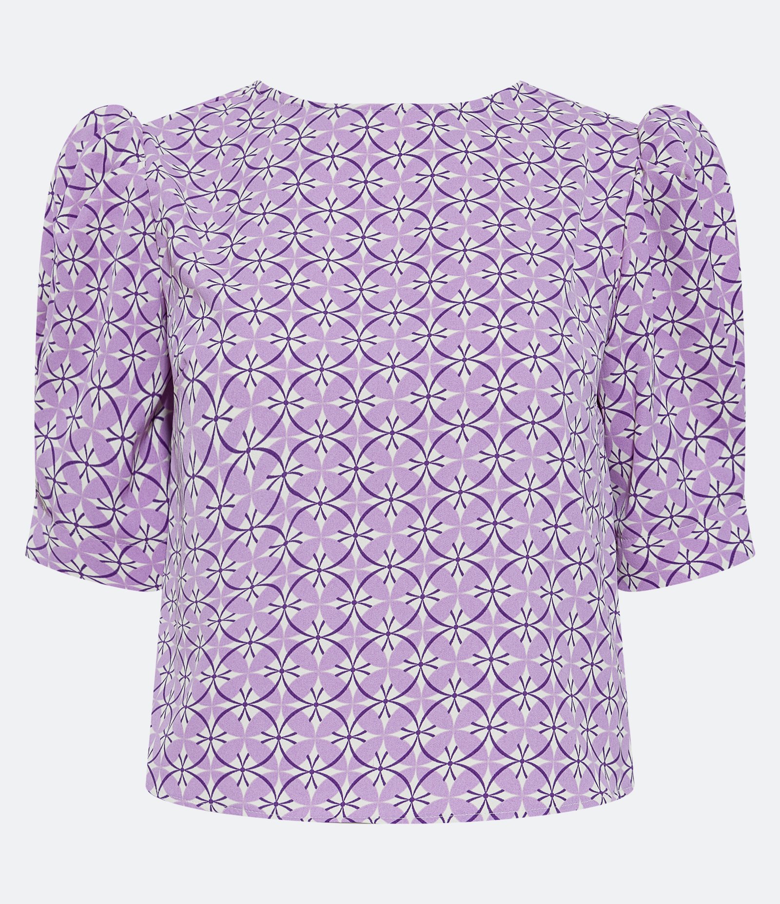 Blusa Manga Bufante em Crepe com Estampa Geométrica Lilás 1