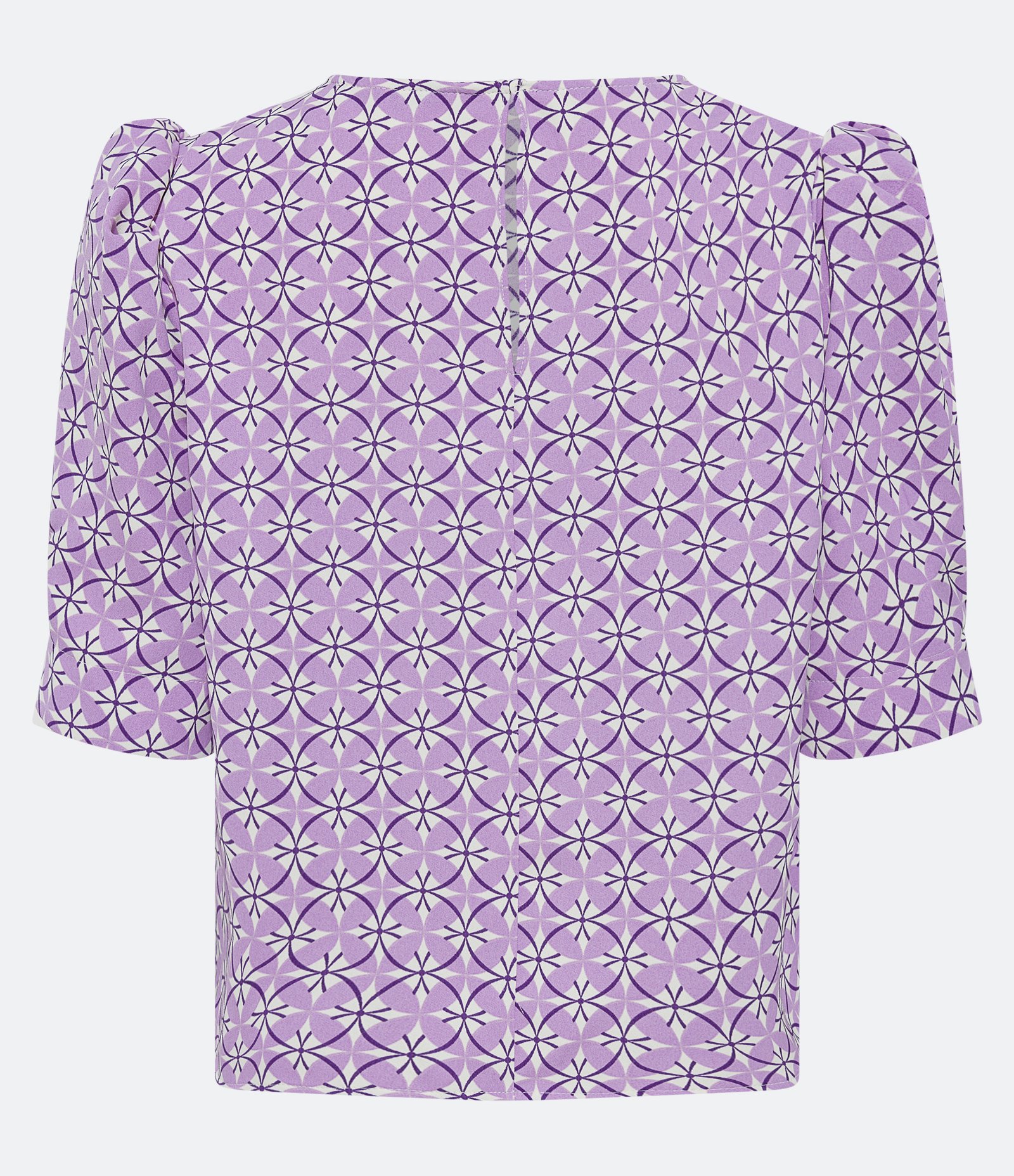 Blusa Manga Bufante em Crepe com Estampa Geométrica Lilás 3