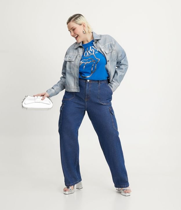 Calça Cargo Reta Jeans com Bolsos Laterais Curve & Plus Size Azul 1