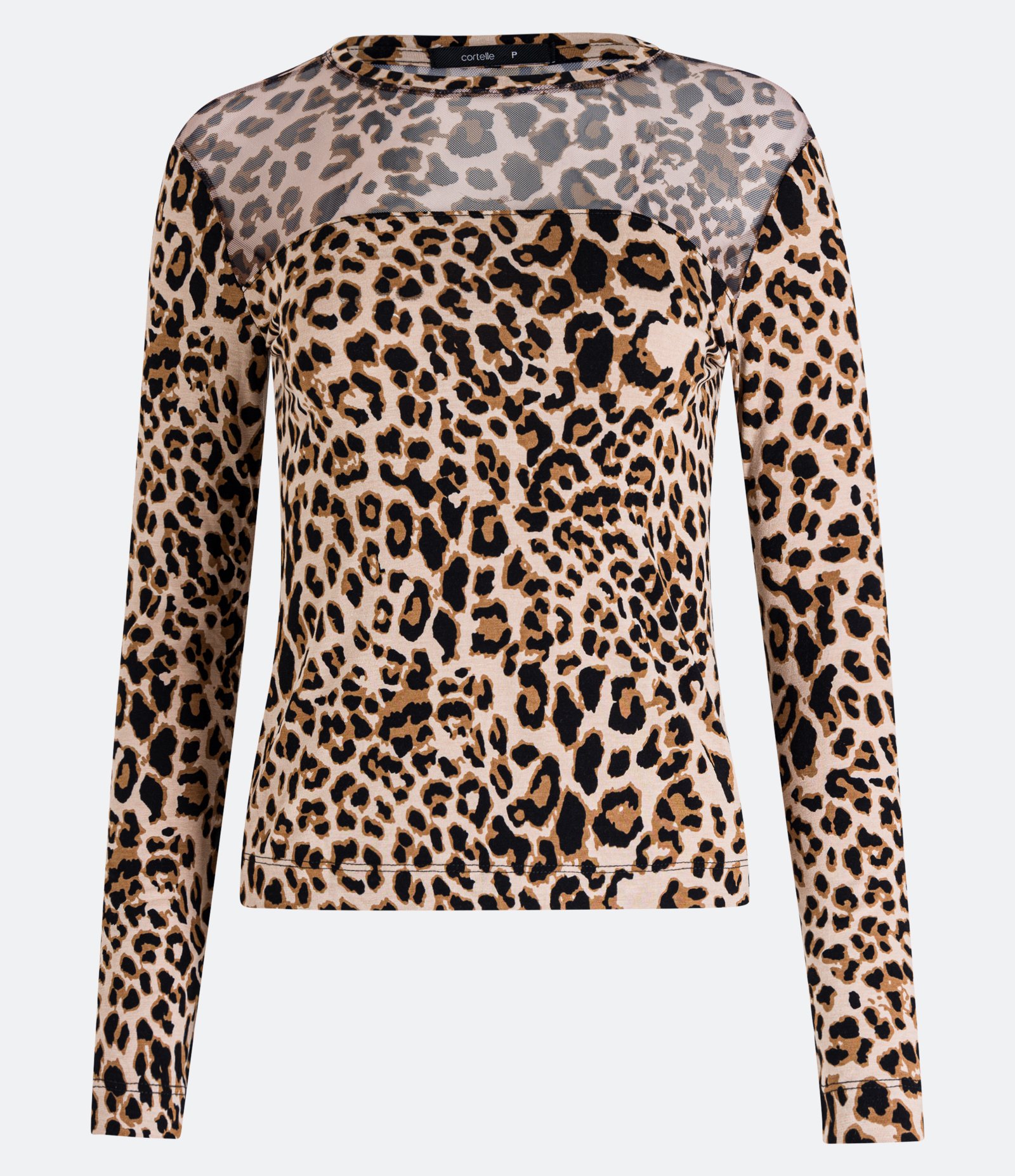 Blusa em Viscolycra com Estampa Animal Print e Pala de Tule Bege 1