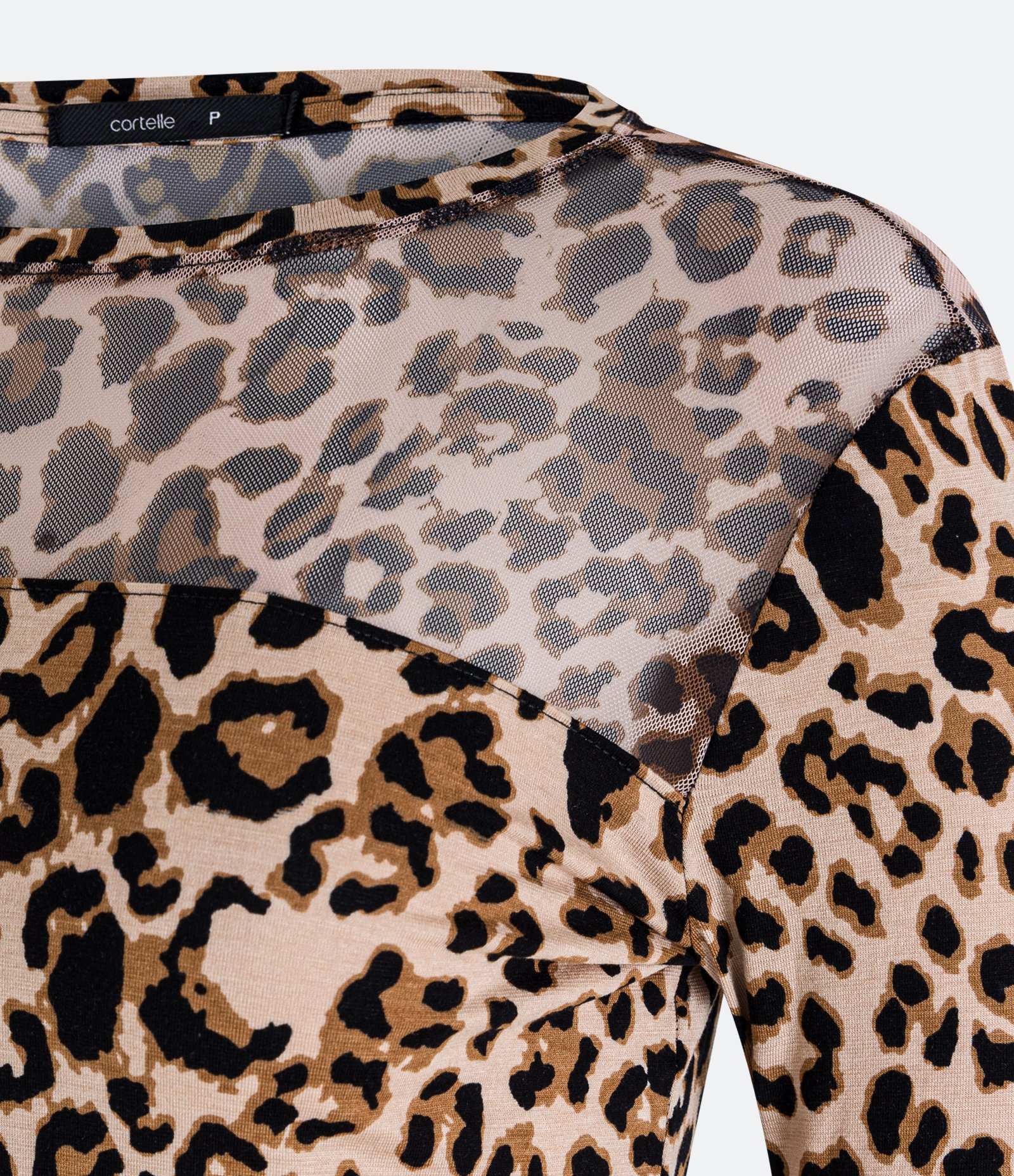 Blusa em Viscolycra com Estampa Animal Print e Pala de Tule Bege 2