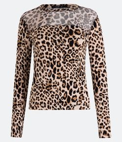 Blusa em Viscolycra com Estampa Animal Print e Pala de Tule