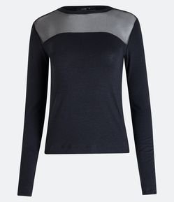 Blusa em Viscolycra com Gola Redonda e Pala em Tule