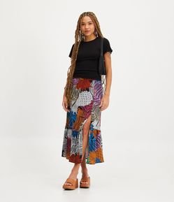 Saia Midi em Viscose com Franzido e Estampa Tropical Colorida