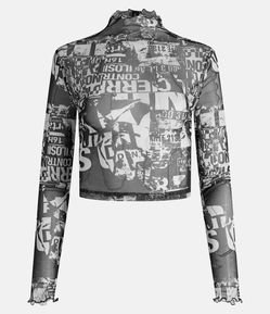 Blusa Cropped em Tule com Estampa em Lettering