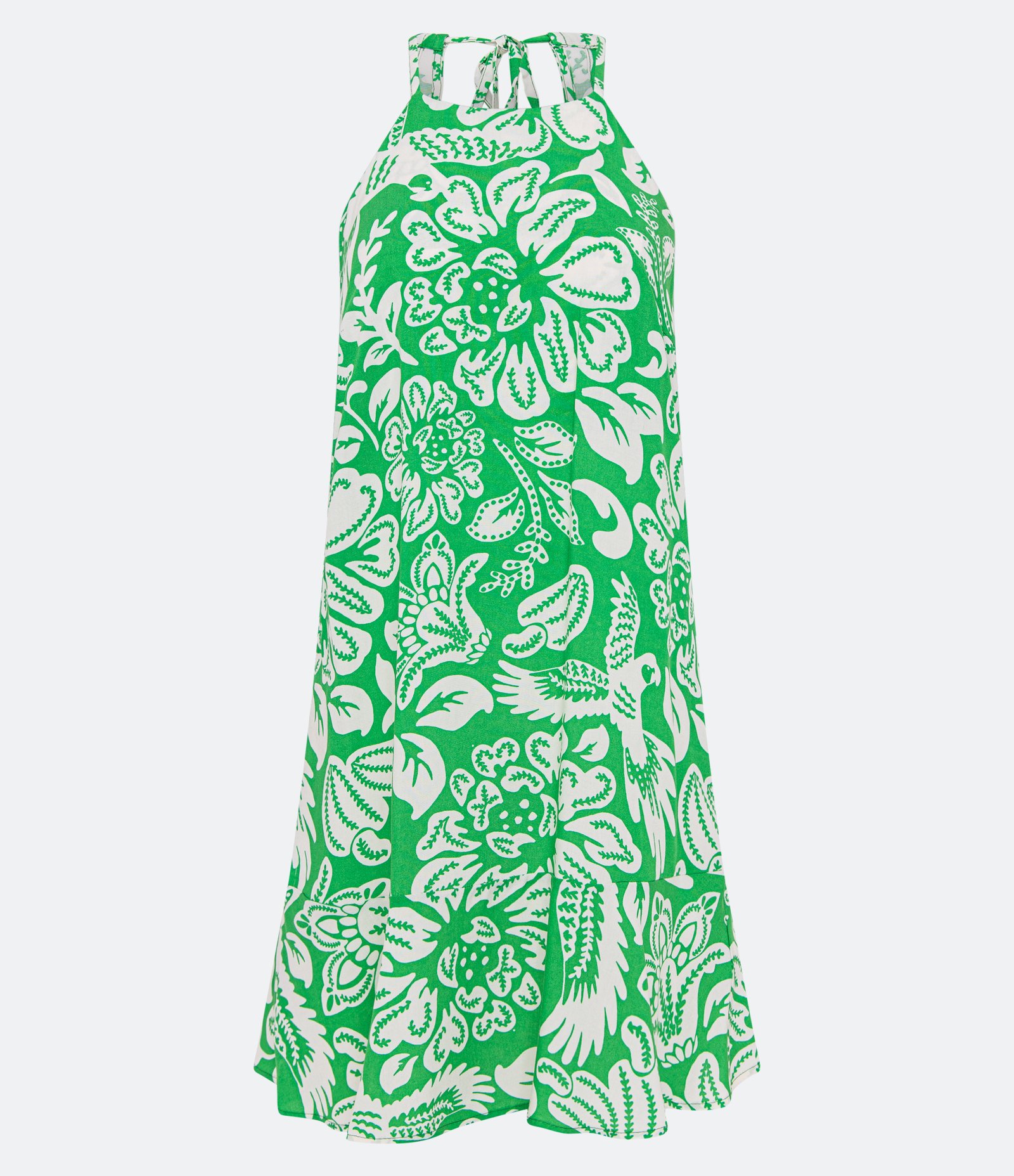 Vestidinho Sem Manga em Viscose com Babado na Barra e Estampa Tropical Verde 1