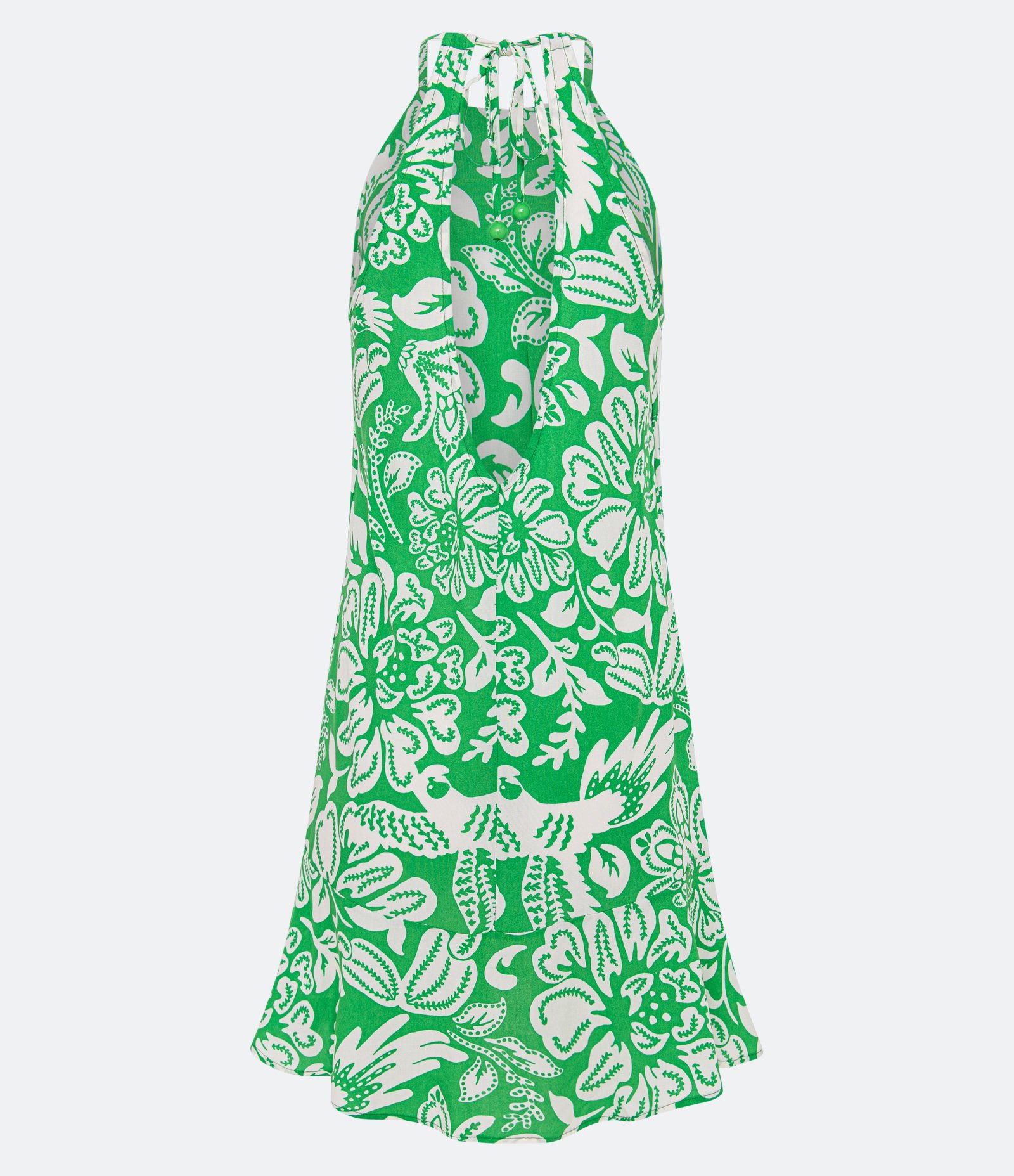 Vestidinho Sem Manga em Viscose com Babado na Barra e Estampa Tropical Verde 2