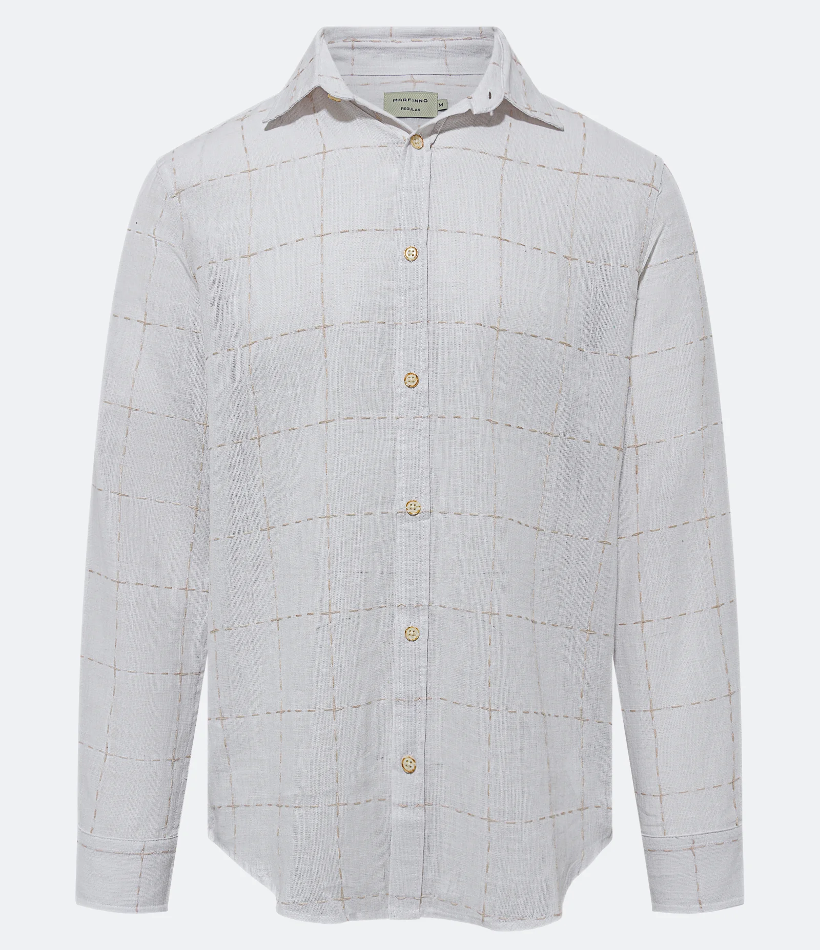 Camisa Regular em Linho com Estampa Xadrez Rústica Branco 1