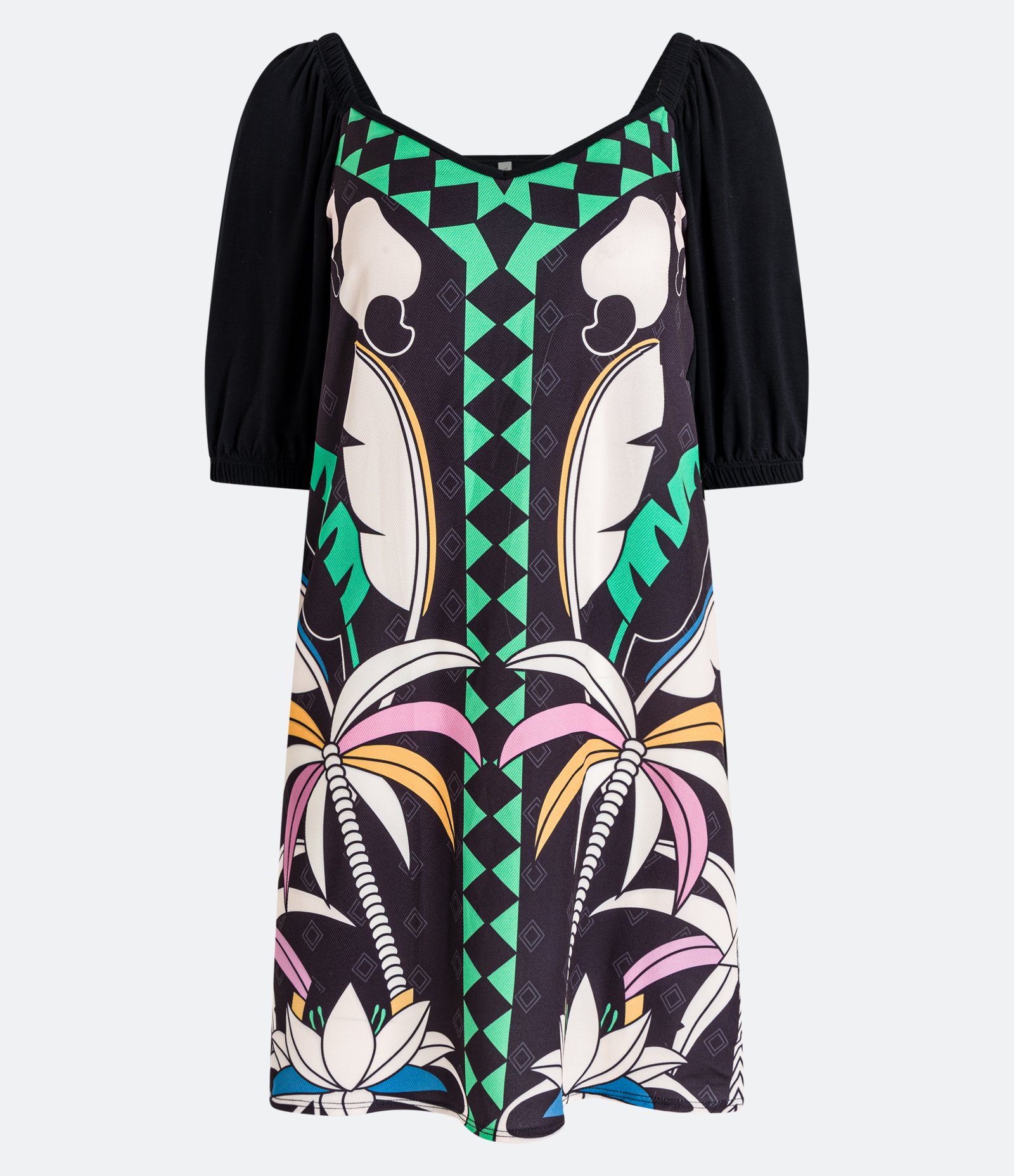 Vestido Curto em Viscolycra com Estampa Étnica Tropical Preto 6