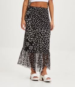 Saia New Midi em Tule com Renda no Cós e Estampa Floral