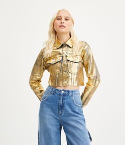Jaqueta Curta em Jeans com Foil Dourado