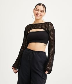 Blusa Cropped em Tricô com Manga Longa e Textura de Tela