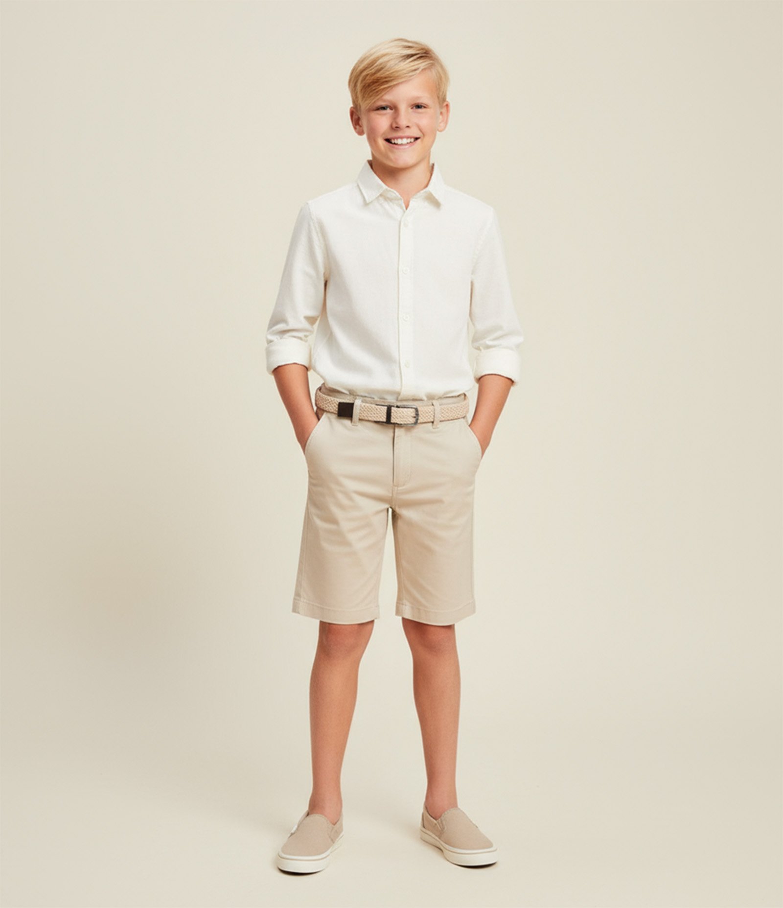 Camisa Infantil em Tricoline com Botões - Tam 5 a 14 anos Off White 1