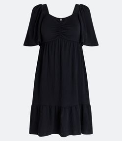 Vestido em Viscose Texturizada com Manga Curta e Barra Franzida