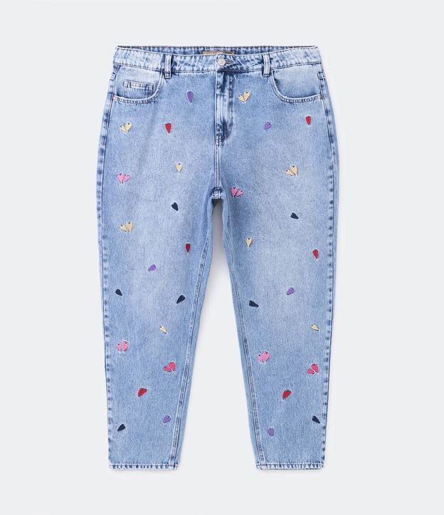 Calça Mom Jeans com Bordados de Coração Curve & Plus Size Azul 7
