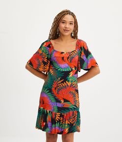 Vestido Curto em Viscose com Manga Evasê e Estampa Araras