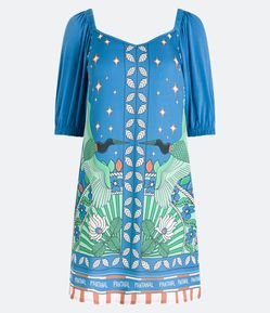 Vestido Curto em Viscolycra com Manga 3/4 e Estampa Tropical