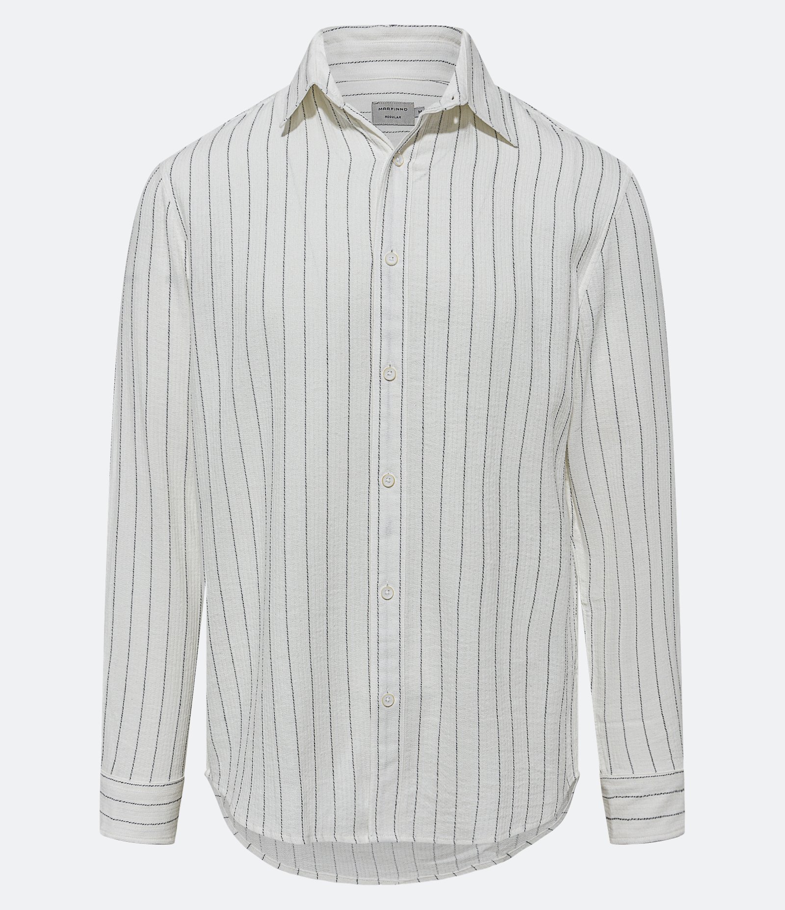 Camisa Regular em Tricoline com Textura de Listras Preto/ Bege 5