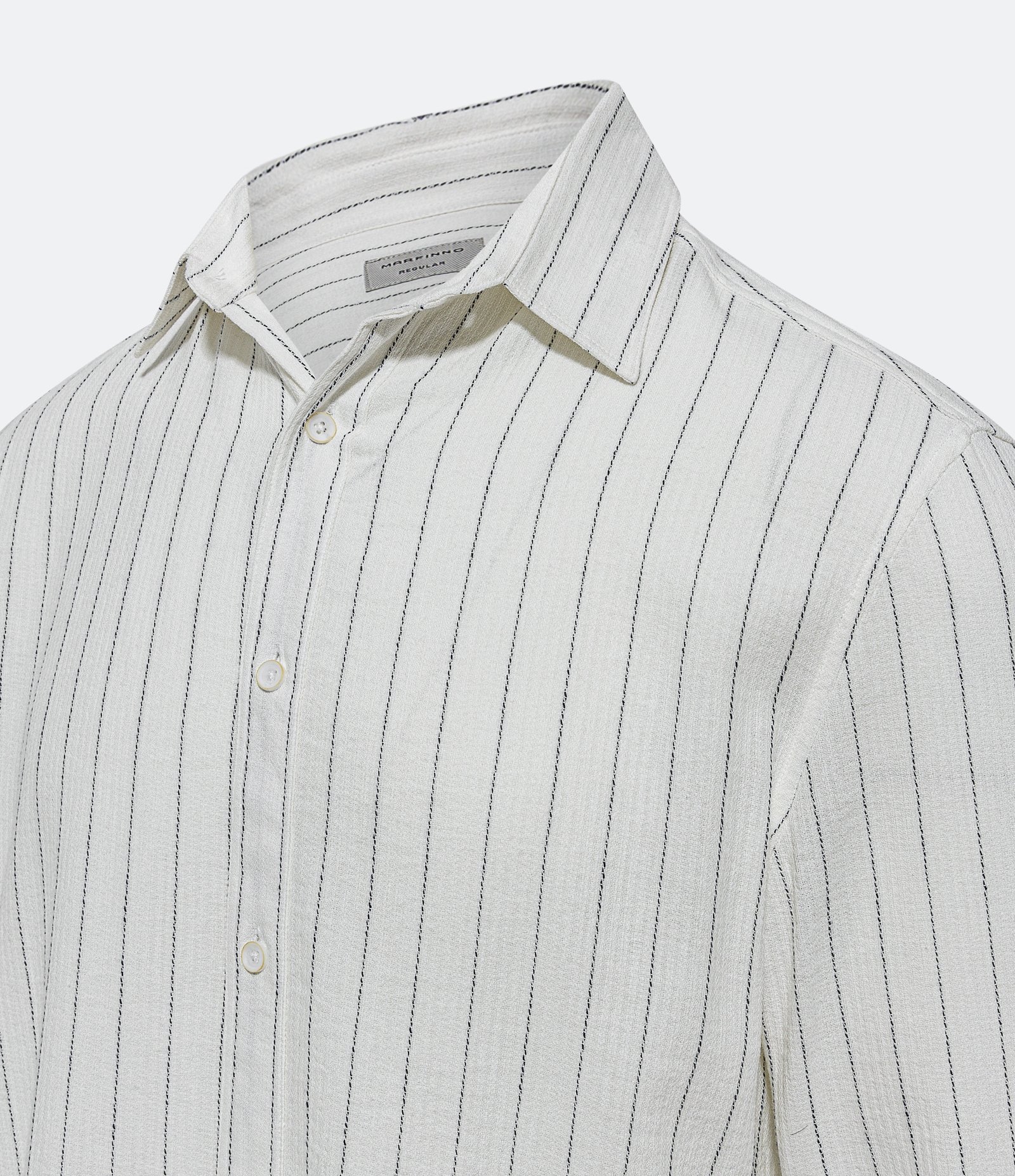 Camisa Regular em Tricoline com Textura de Listras Preto/ Bege 6