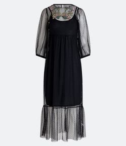 Vestido New Midi em Tule Bordado com Flores e Manga Bufante