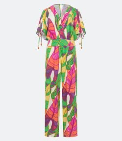 Macacão Longo em Linho com Amarração nas Mangas e Estampa de Folhagem