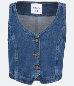 Colete Cropped em Jeans com Recortes