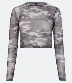 Blusa Cropped em Tule com Manga Longa e Estampa Camuflada