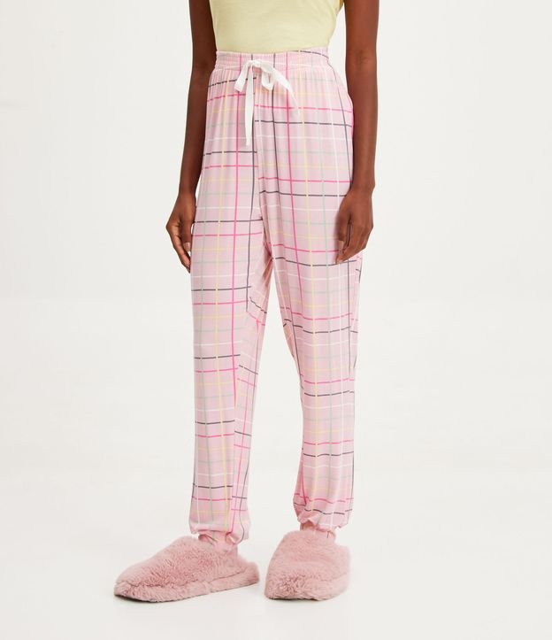 Calça de Pijama em Viscolycra com Estampa Xadrez Grid - Cor: Rosa - Tamanho: M