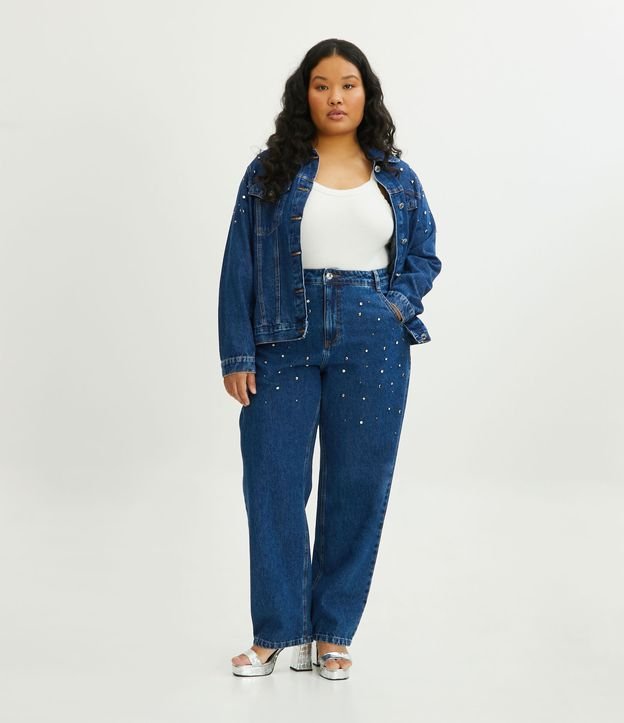 Calça Reta Jeans com Tachas Aplicadas Curve & Plus Size Azul 1