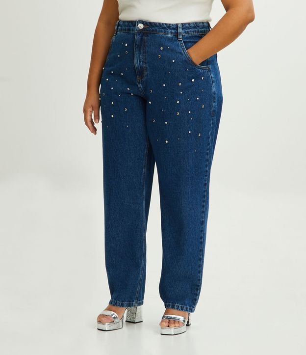 Calça Reta Jeans com Tachas Aplicadas Curve & Plus Size Azul 2