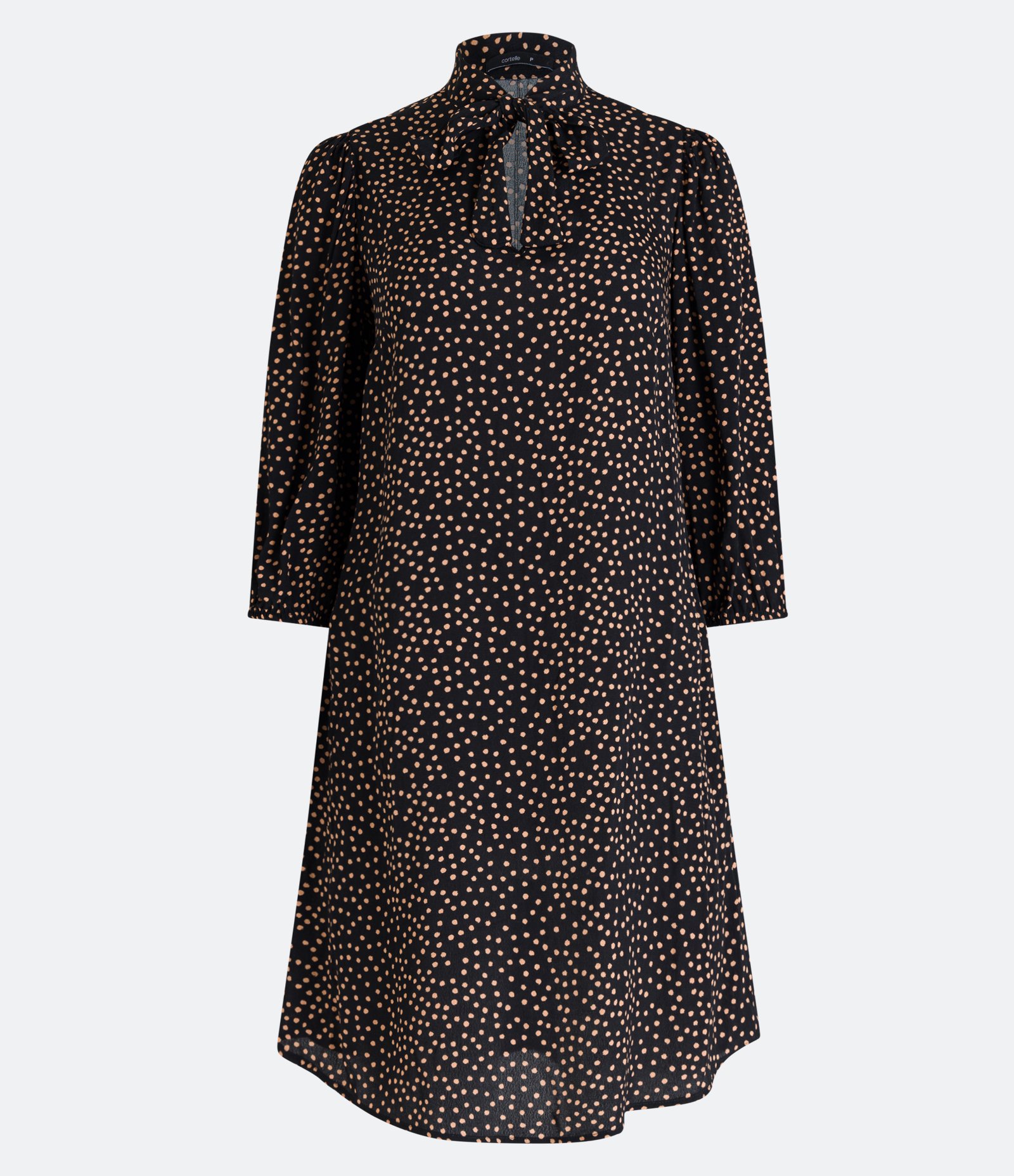 Vestido Curto em Viscose com Estampa Poá e Gola Laço Preto 1