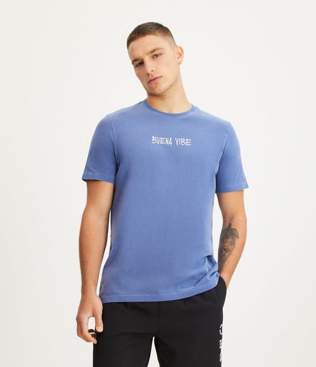 Camiseta Regular em Meia Malha com Lettering Buena Vibe Azul 1