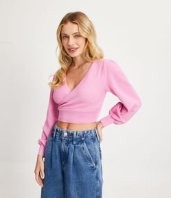 Blusa Cropped em Malha Texturizada com Manga Longa Bufante