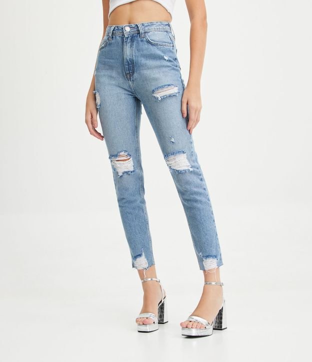 Pantalón Mom Jeans con Desgastes y Barra a Hilo Azul 2