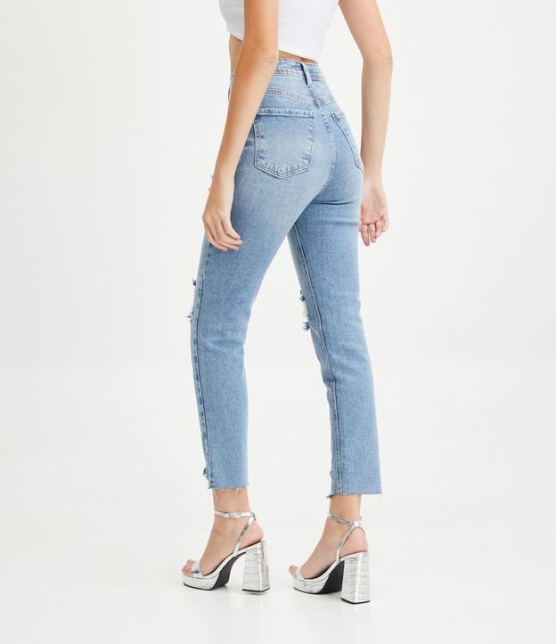 Pantalón Mom Jeans con Desgastes y Barra a Hilo Azul 3