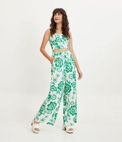 Calça Pantalona em Linho com Detalhe em Corda e Estampa Floral