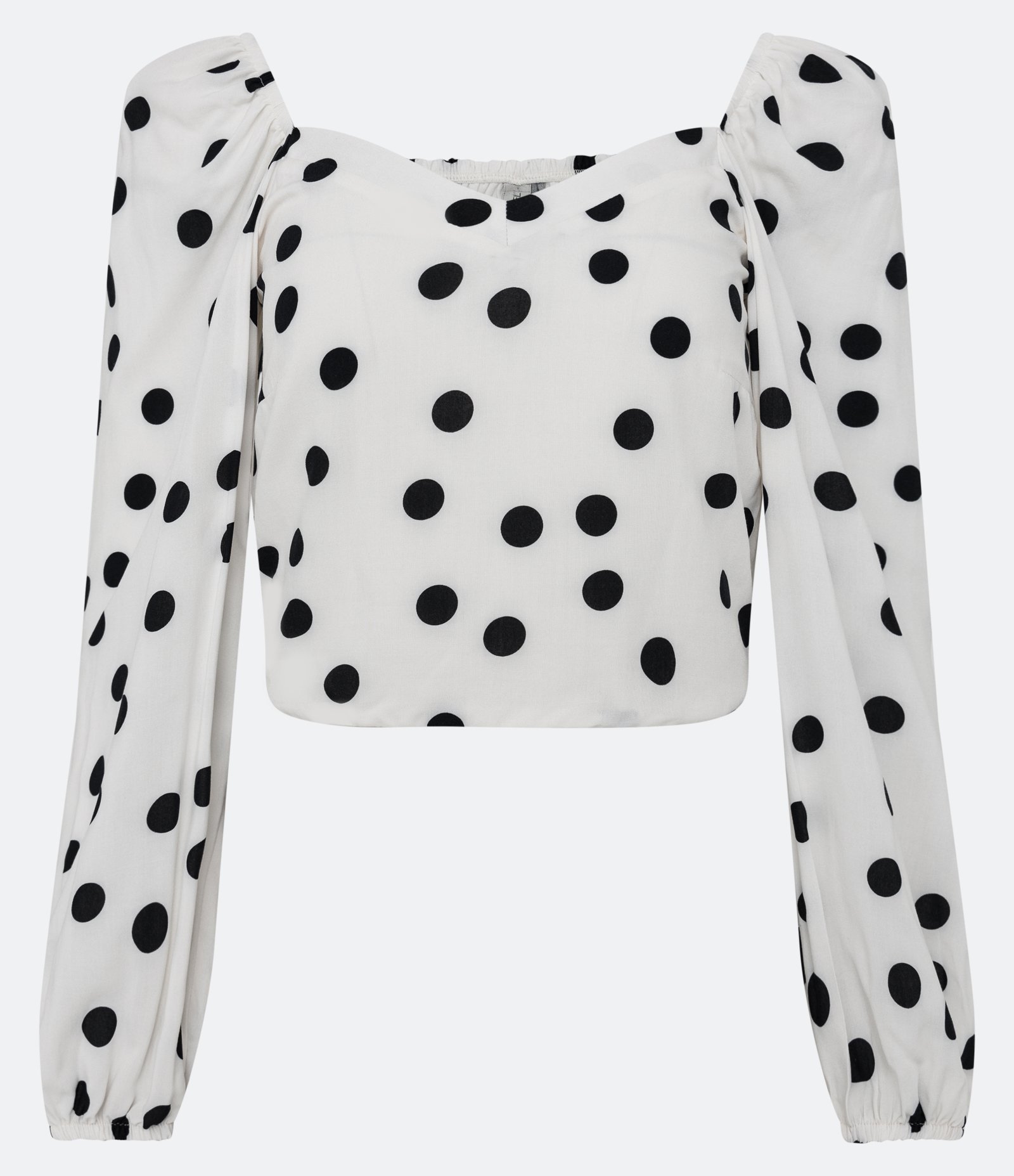 Blusa Cropped em Viscose com Manga Longa e Estampa Poá Off White 1