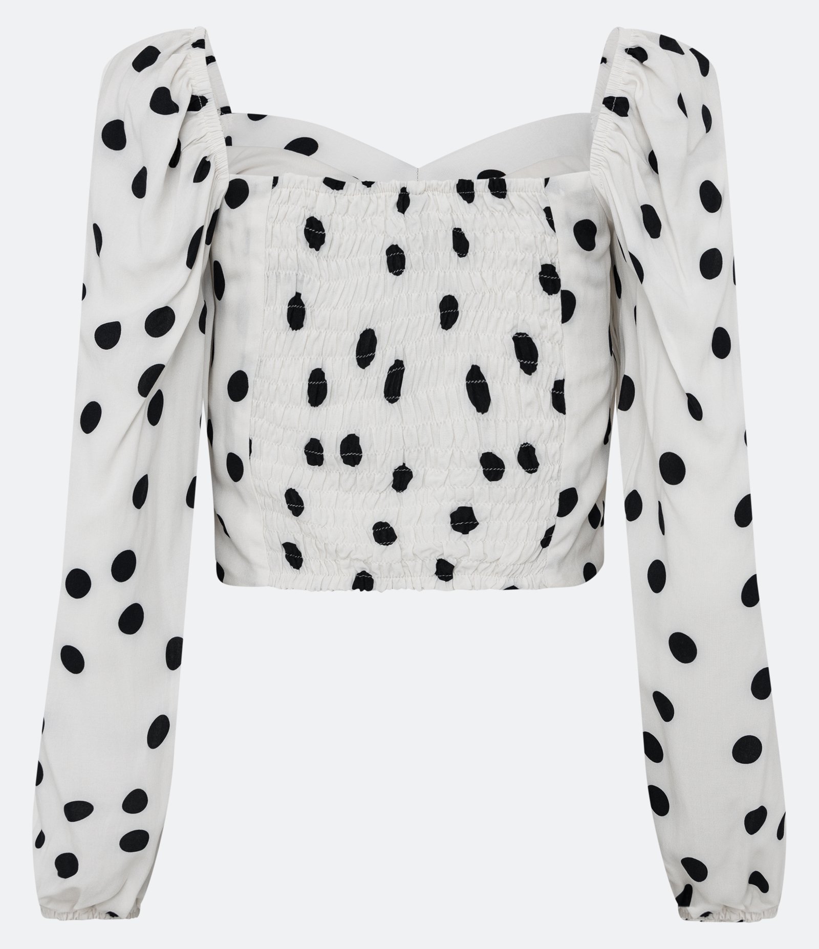Blusa Cropped em Viscose com Manga Longa e Estampa Poá Off White 2